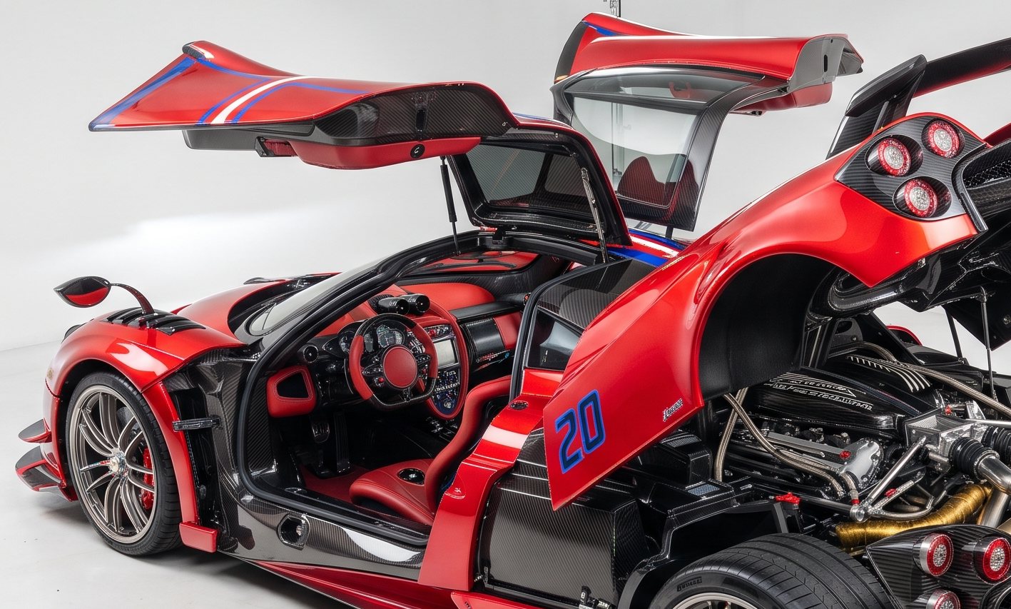 Butterfly doors raised over the red cabin and exposed engine