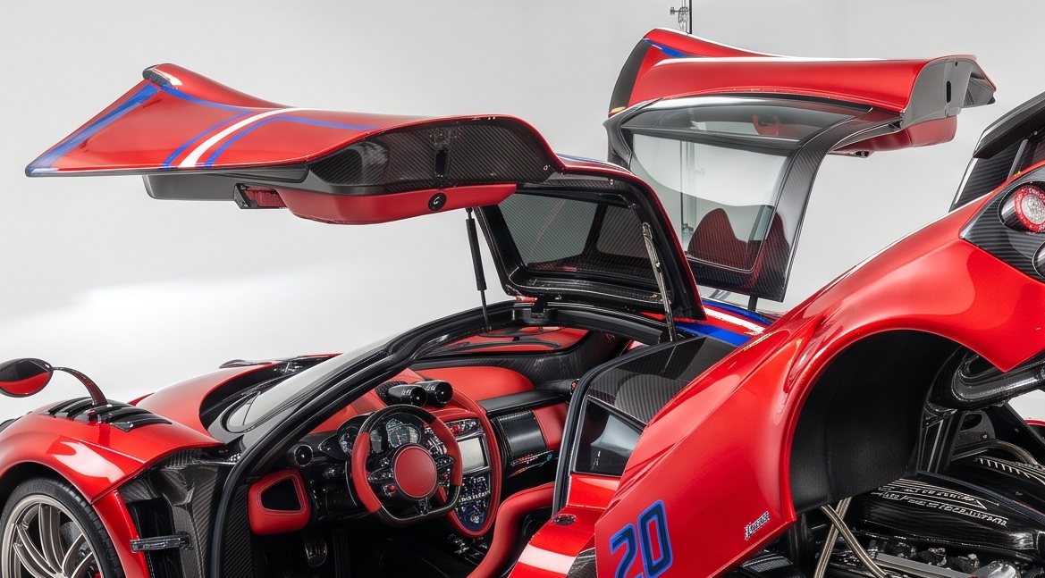 Both doors raised, showing the red interior