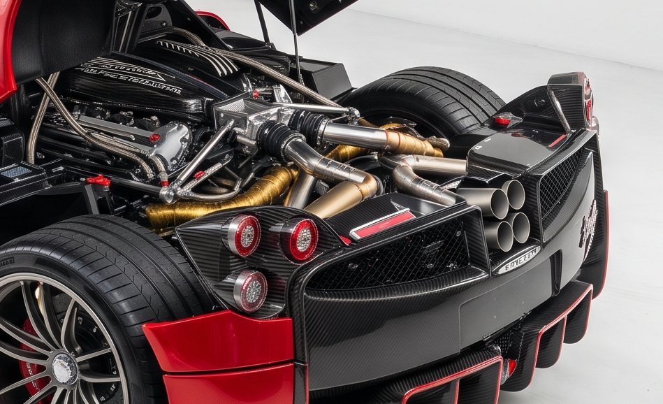The V12 with its titanium exhaust and quad tailpipes